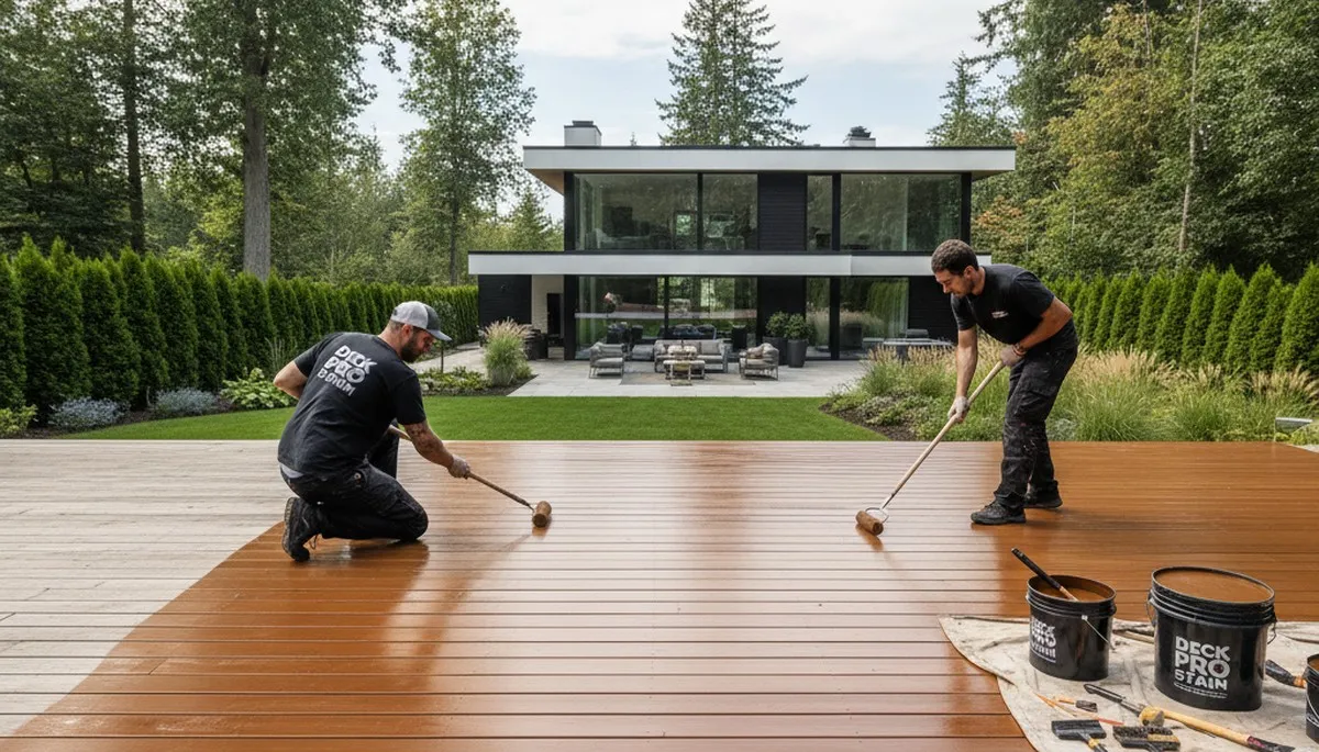 Deck staining service in Reading, MA protects wood decks from moisture and UV damage
