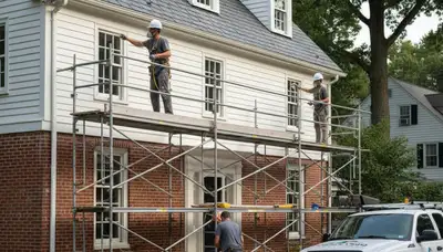 Painting service team in Reading, MA preparing a residential exterior paint project